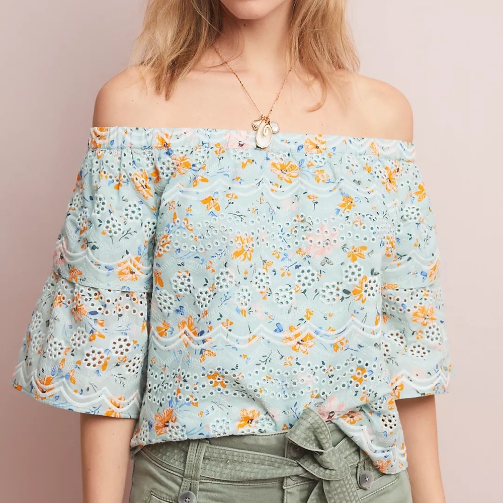 Anthro LAIA Ashtabula Off the Shoulder Blue Floral Eyelet blouse